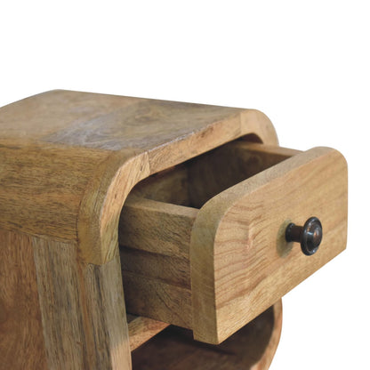 Close upper left angle of Extra Mini Curved Oak Bedside with drawer open showing interior storage