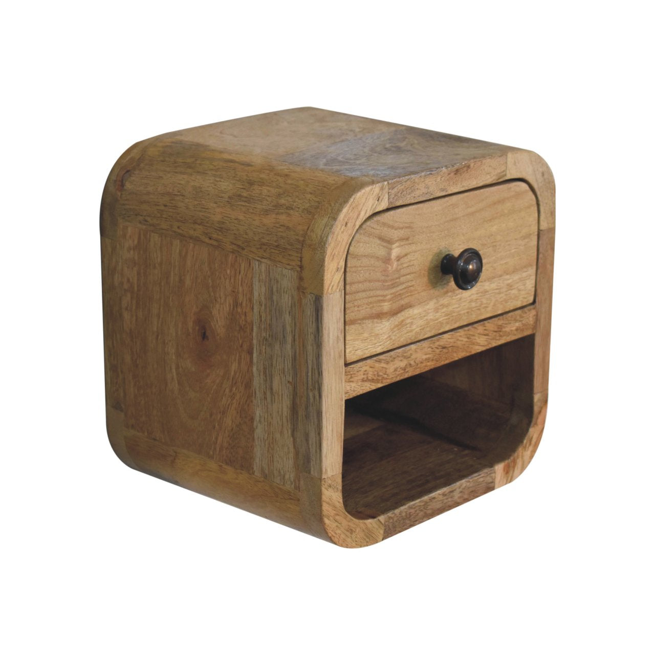 Upper left angle view of Extra Mini Curved Oak Bedside showing top surface and oak finish