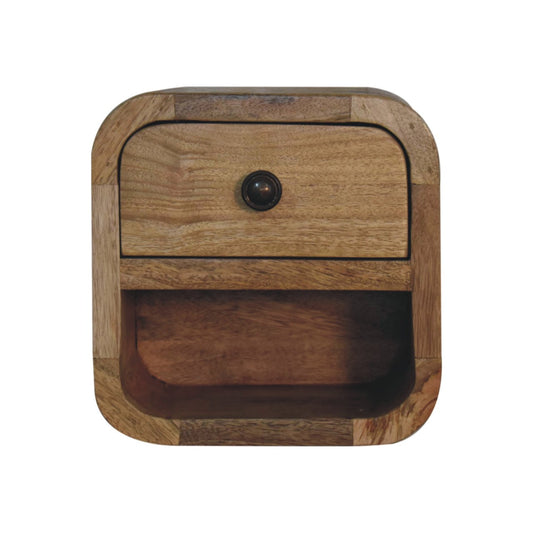 Front view of Extra Mini Curved Oak Bedside showing drawer, open slot
