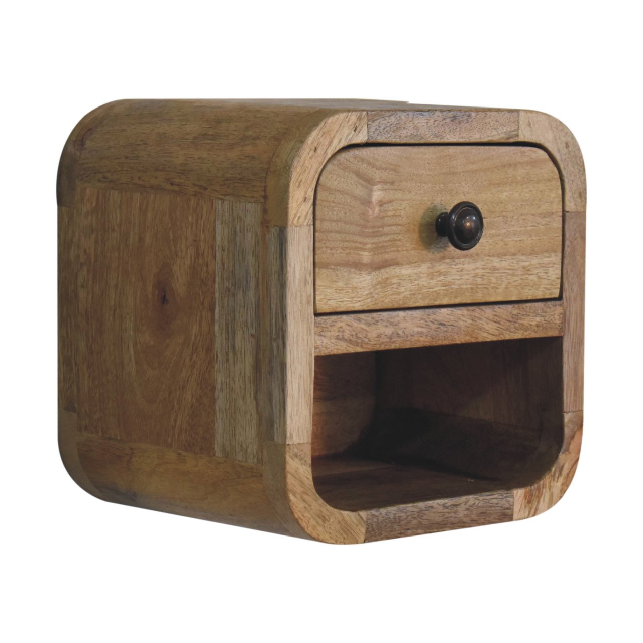 Left side view of Extra Mini Curved Oak Bedside in solid mango wood with oak finish