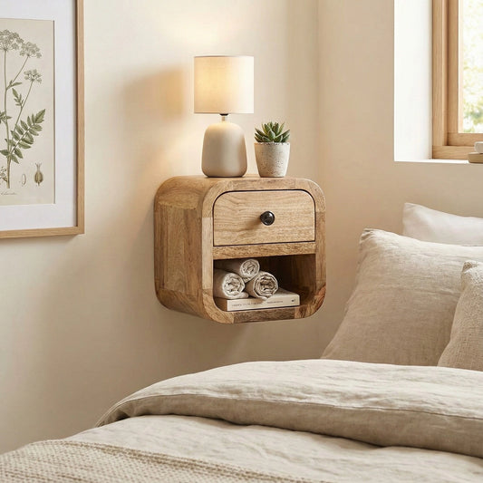 Extra Mini Curved Oak Bedside with Open Slot styled in a bedroom or living space interior
