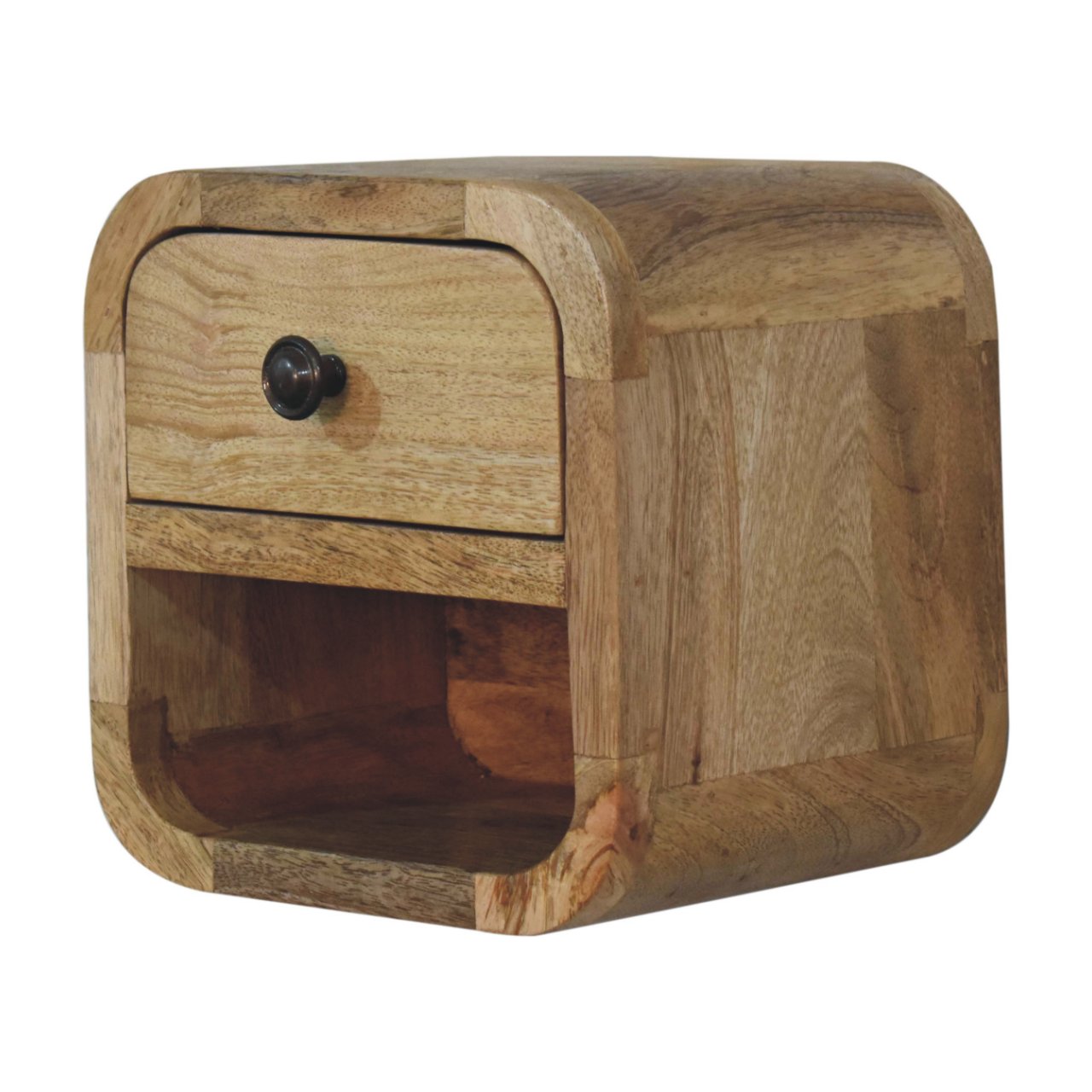 Right side view of Extra Mini Curved Oak Bedside showing curved edges