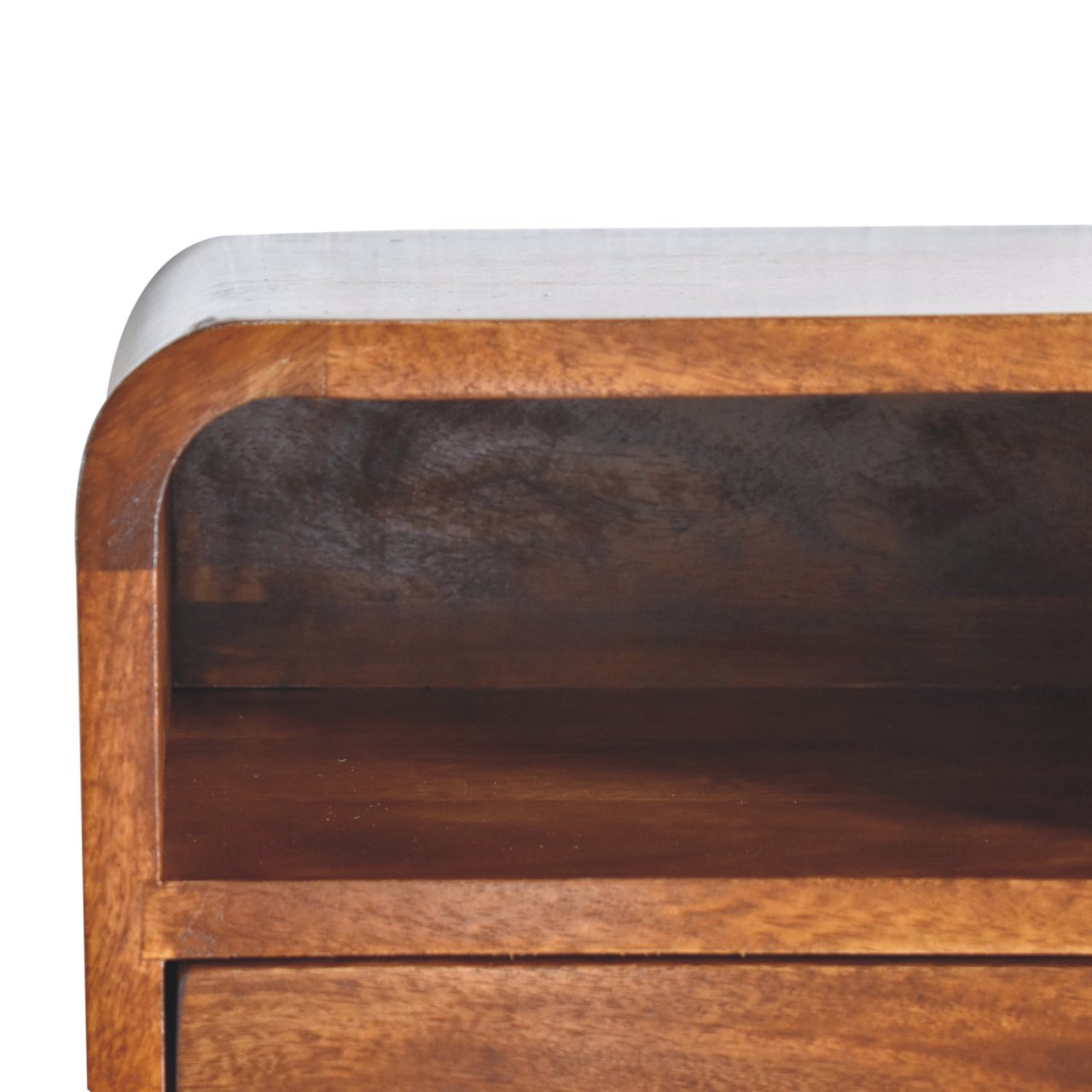 Close front left angle of Extra Mini Wall Mounted Curved Chestnut Bedside showing curved edges and chestnut finish
