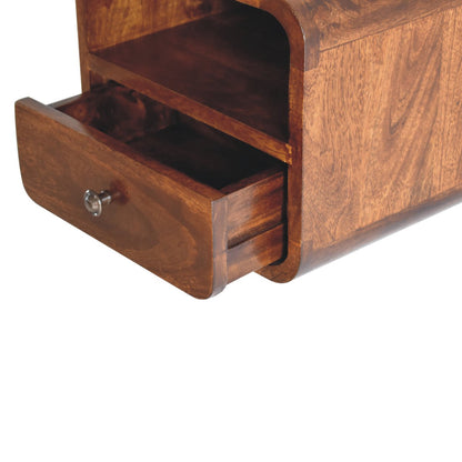 Right angle view of Extra Mini Wall Mounted Curved Chestnut Bedside with drawer open showing open shelf and interior storage