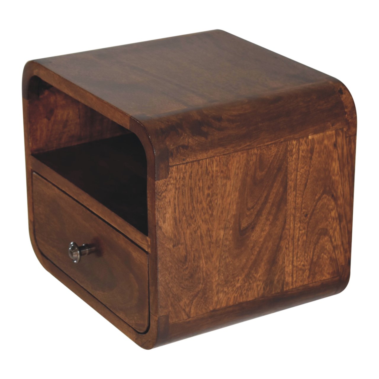 Top right angle view of Extra Mini Wall Mounted Curved Chestnut Bedside showing surface and chestnut finish