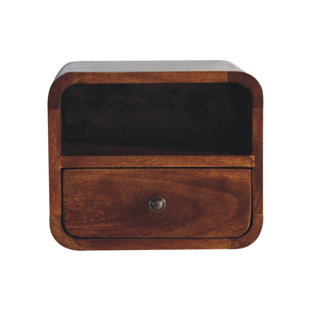 Front view of Extra Mini Wall Mounted Curved Chestnut Bedside showing drawer and open shelf