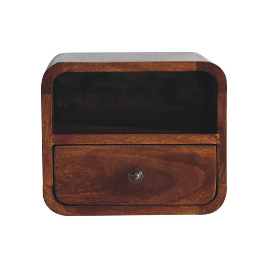 Front view of Extra Mini Wall Mounted Curved Chestnut Bedside showing drawer and open shelf