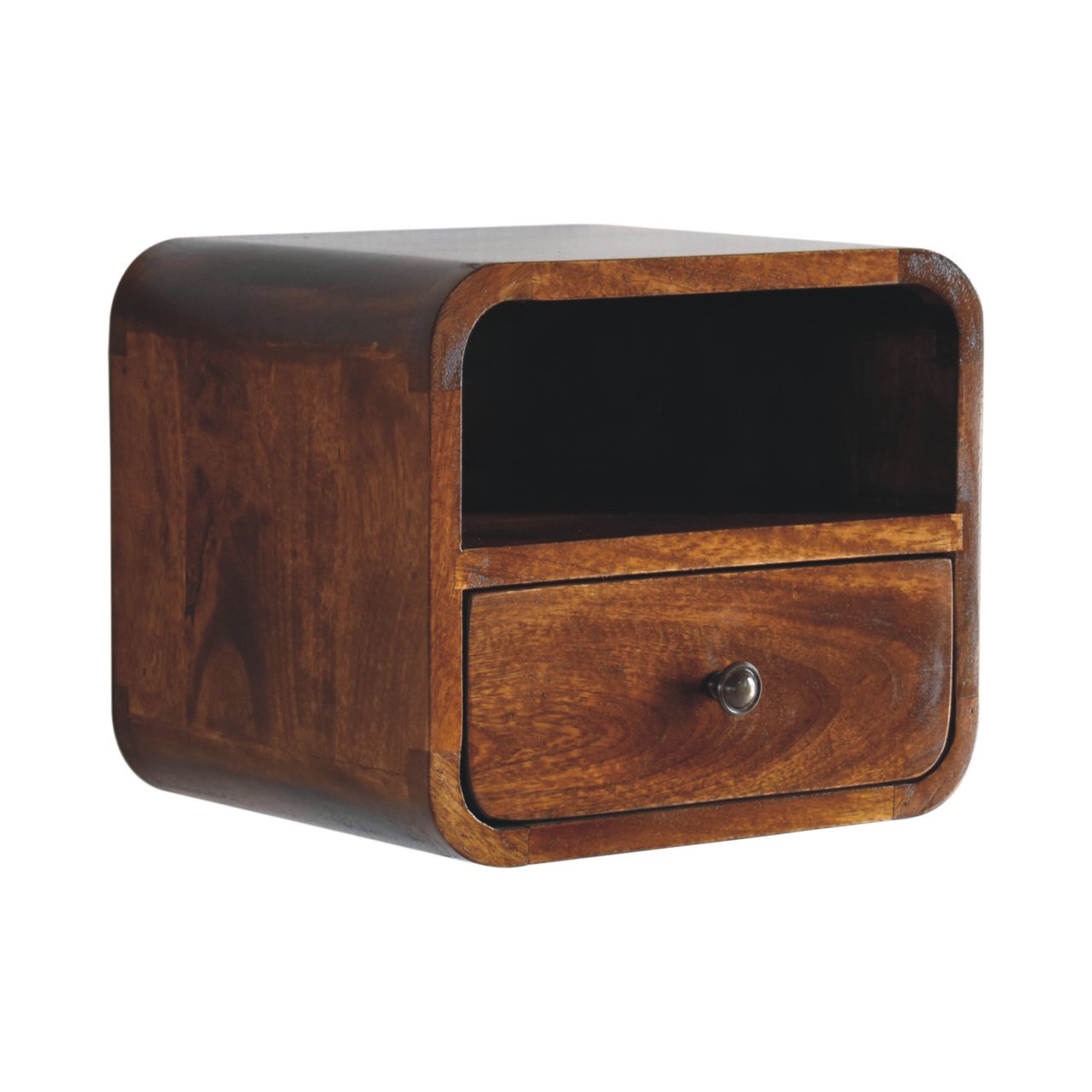 Left side view of Extra Mini Wall Mounted Curved Chestnut Bedside in solid mango wood with chestnut finish