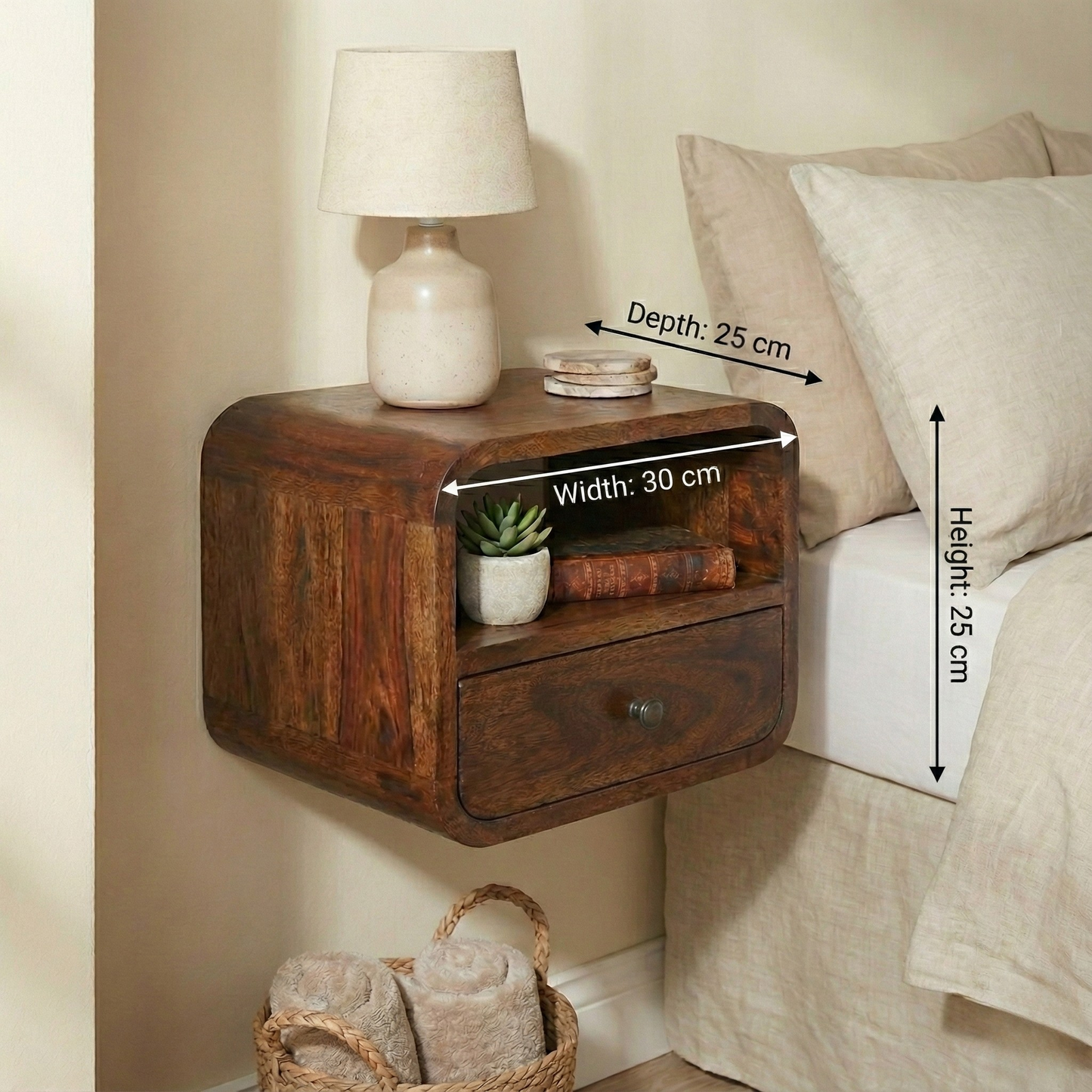 Extra Mini Wall Mounted Curved Chestnut Bedside with dimensions: 25 cm height, 30 cm width, 25 cm depth