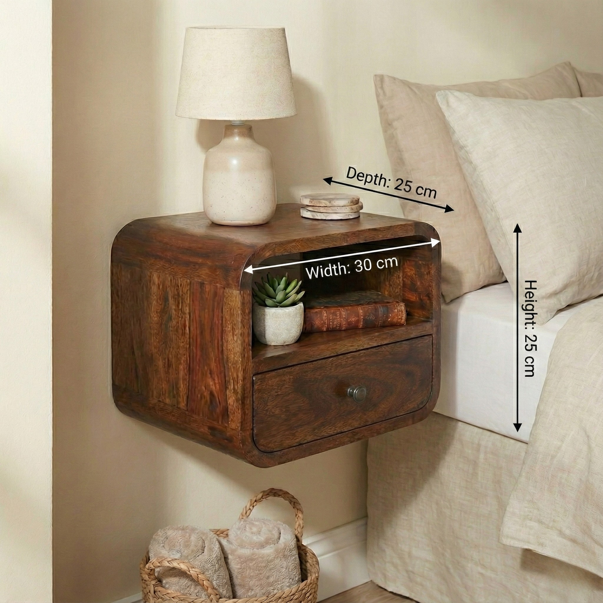 Extra Mini Wall Mounted Curved Chestnut Bedside with dimensions: 25 cm height, 30 cm width, 25 cm depth