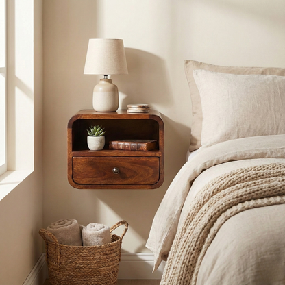 Extra Mini Wall Mounted Curved Chestnut Bedside styled in a bedroom wall-mounted setting