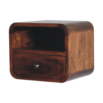 Right side view of Extra Mini Wall Mounted Curved Chestnut Bedside showing depth and wall-mounted profile