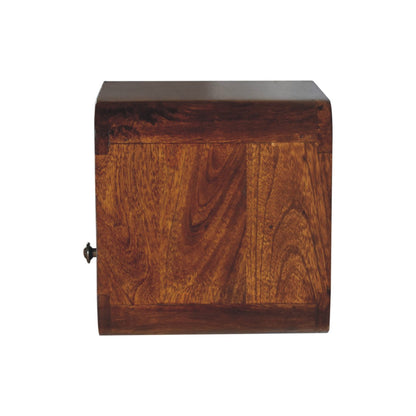 Side profile of Extra Mini Wall Mounted Curved Chestnut Bedside showing depth and wall-mounted design