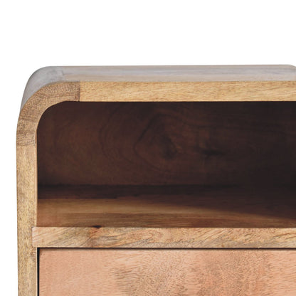 Close front left angle of Extra Mini Wall Mounted Curved Oak Bedside showing curved edges and oak finish detail