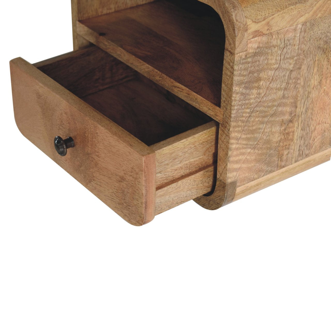 Right angle view of Extra Mini Wall Mounted Curved Oak Bedside with drawer open showing interior storage and open shelf