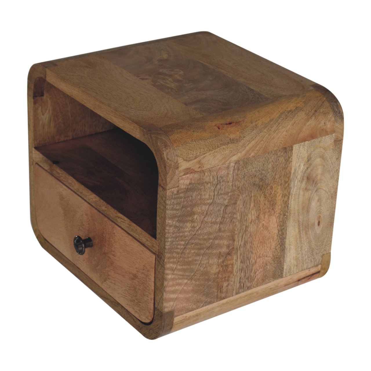 Top right angle view of Extra Mini Wall Mounted Curved Oak Bedside showing surface and oak-ish finish