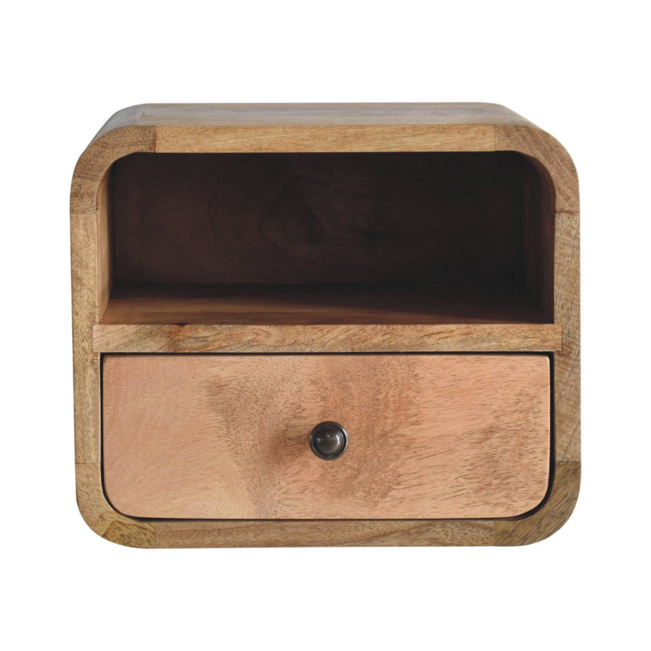 Front view of Extra Mini Wall Mounted Curved Oak Bedside showing drawer and open shelf