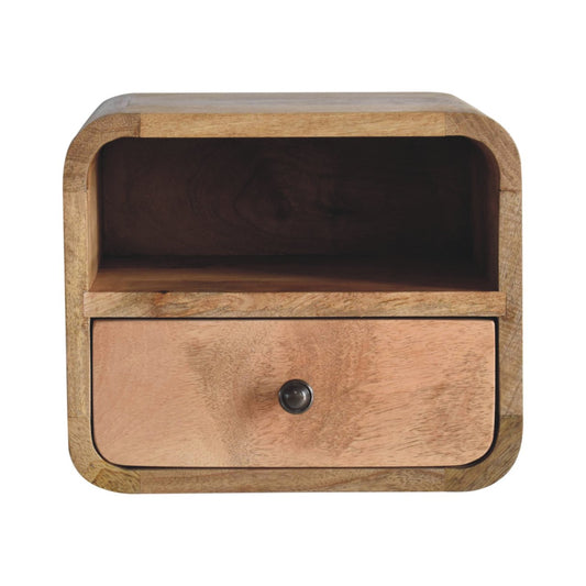 Front view of Extra Mini Wall Mounted Curved Oak Bedside showing drawer and open shelf