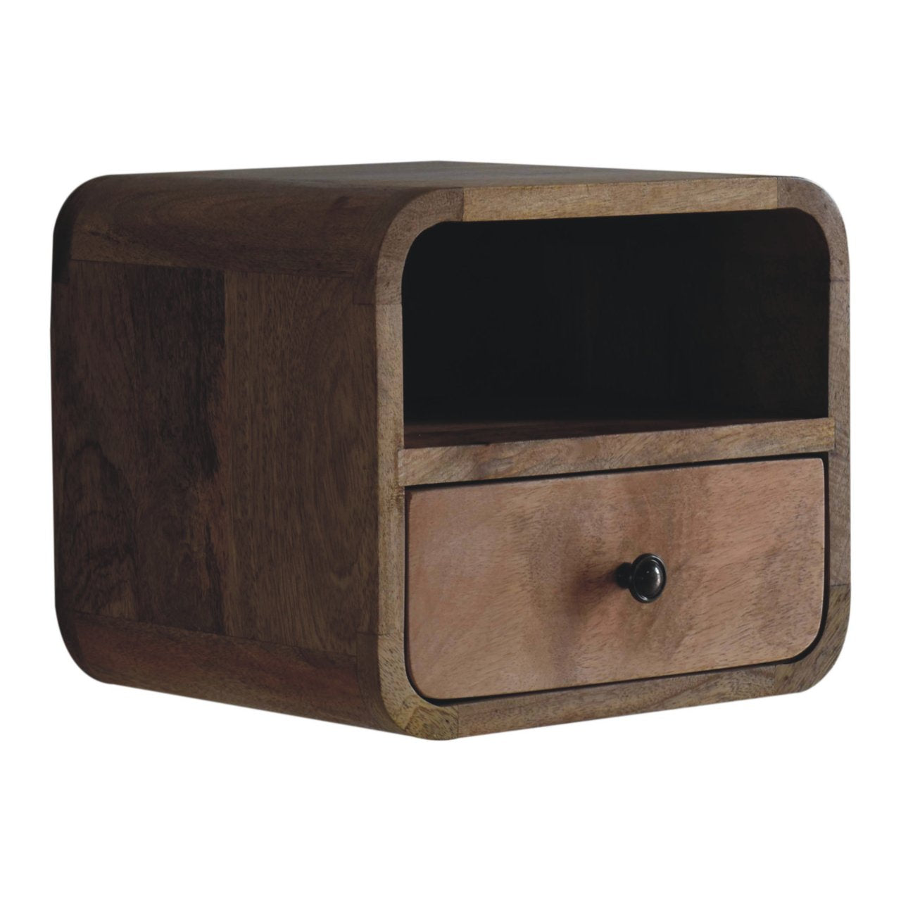 Left side view of Extra Mini Wall Mounted Curved Oak Bedside in solid mango wood with oak finish