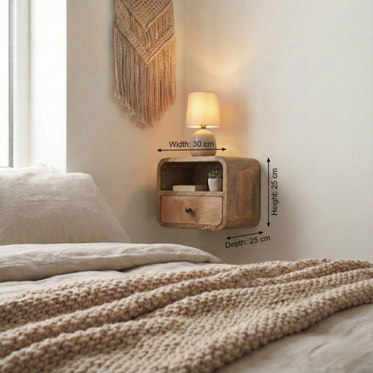 Extra Mini Wall Mounted Curved Oak Bedside with dimensions: 25 cm height, 30 cm width, 25 cm depth