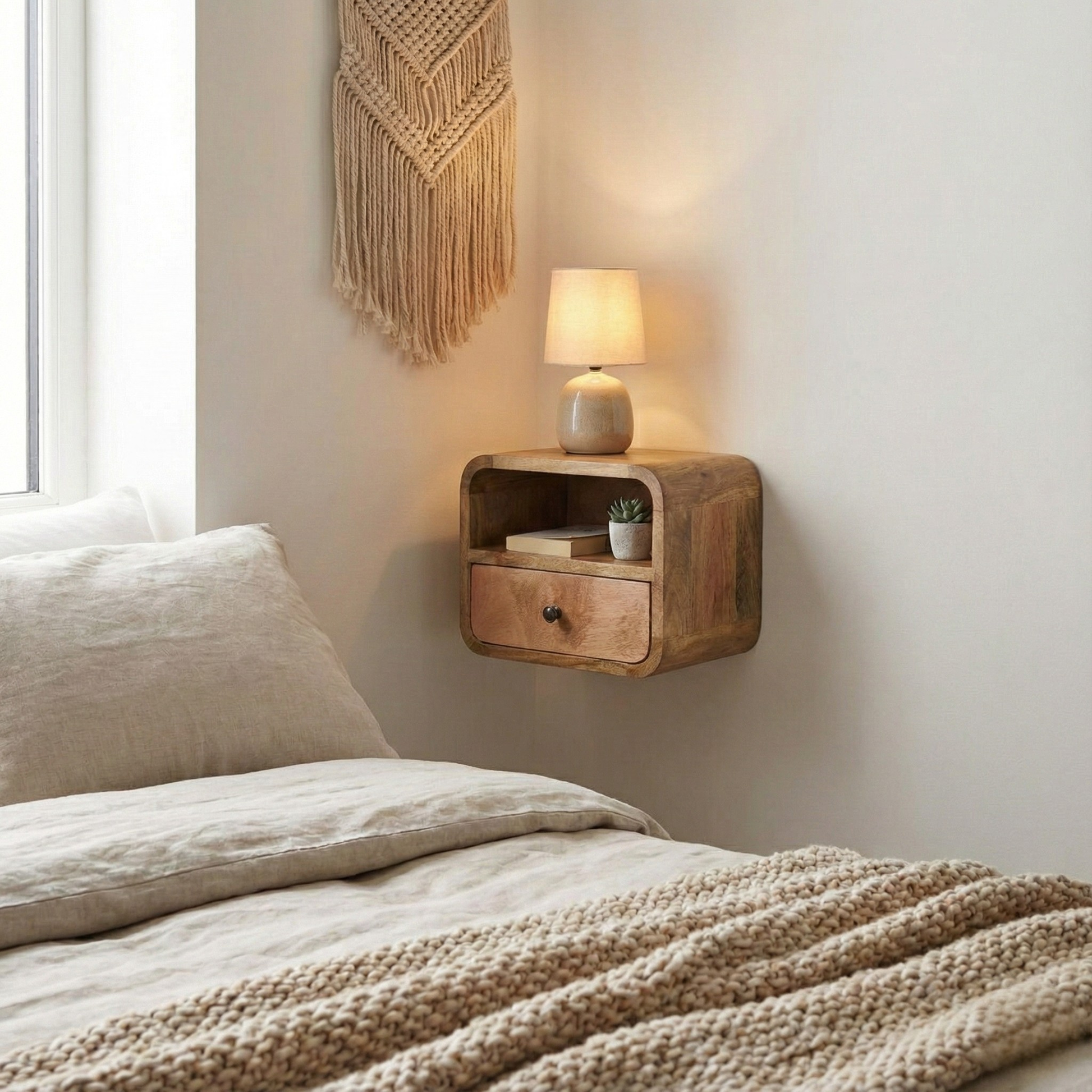 Extra Mini Wall Mounted Curved Oak Bedside styled in a bedroom wall-mounted setting