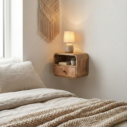 Extra Mini Wall Mounted Curved Oak Bedside styled in a bedroom wall-mounted setting