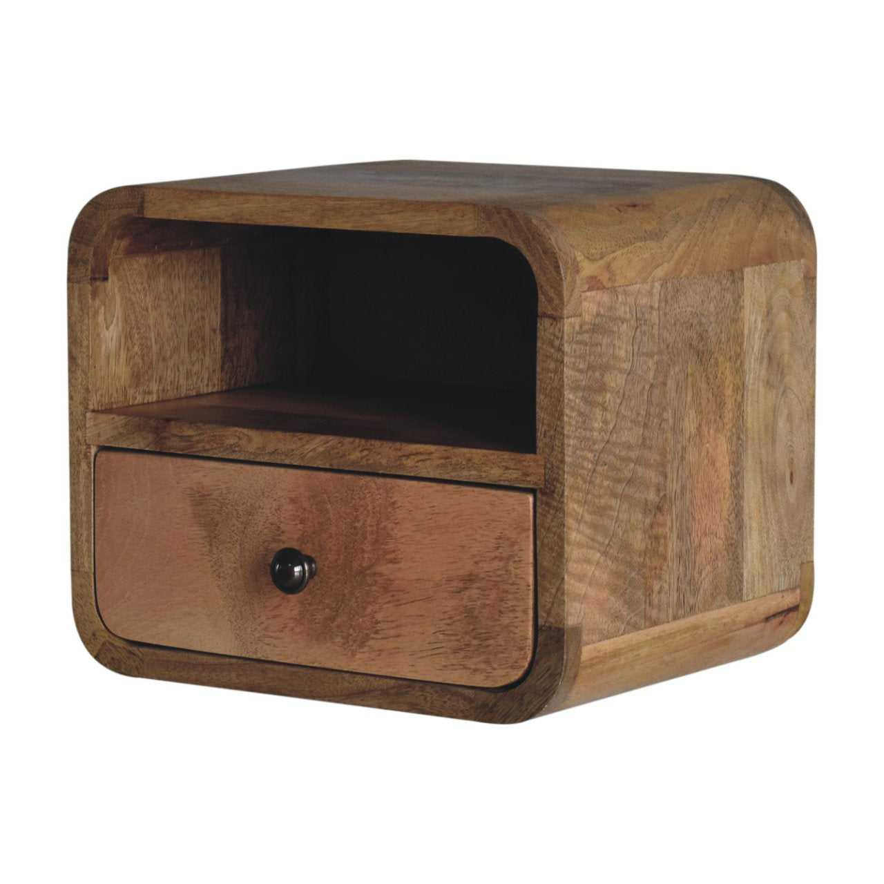 Right side view of Extra Mini Wall Mounted Curved Oak Bedside showing depth and wall-mounted profile