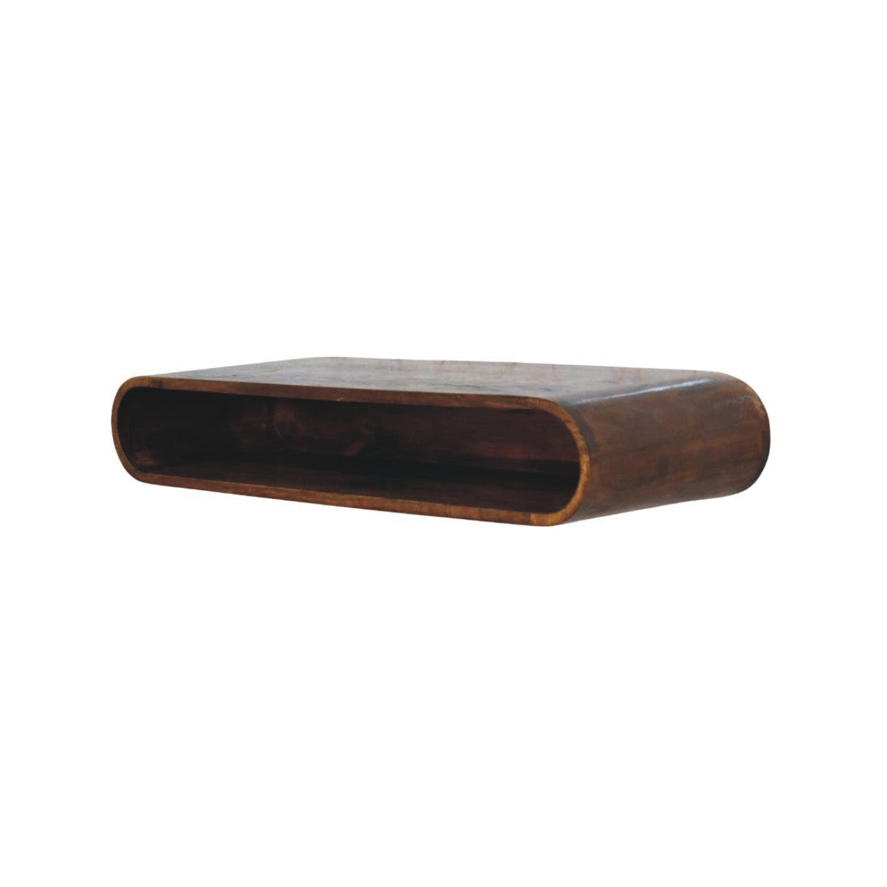 Floating arc media console in solid mango wood, Chestnut finish – right angle view