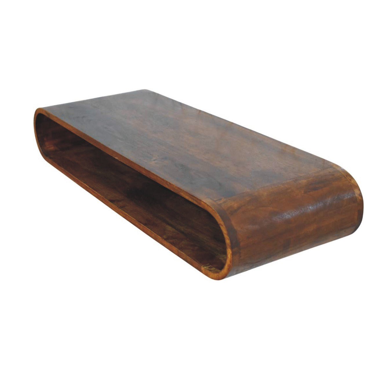 Floating arc media console in solid mango wood, Chestnut finish – top right angle view