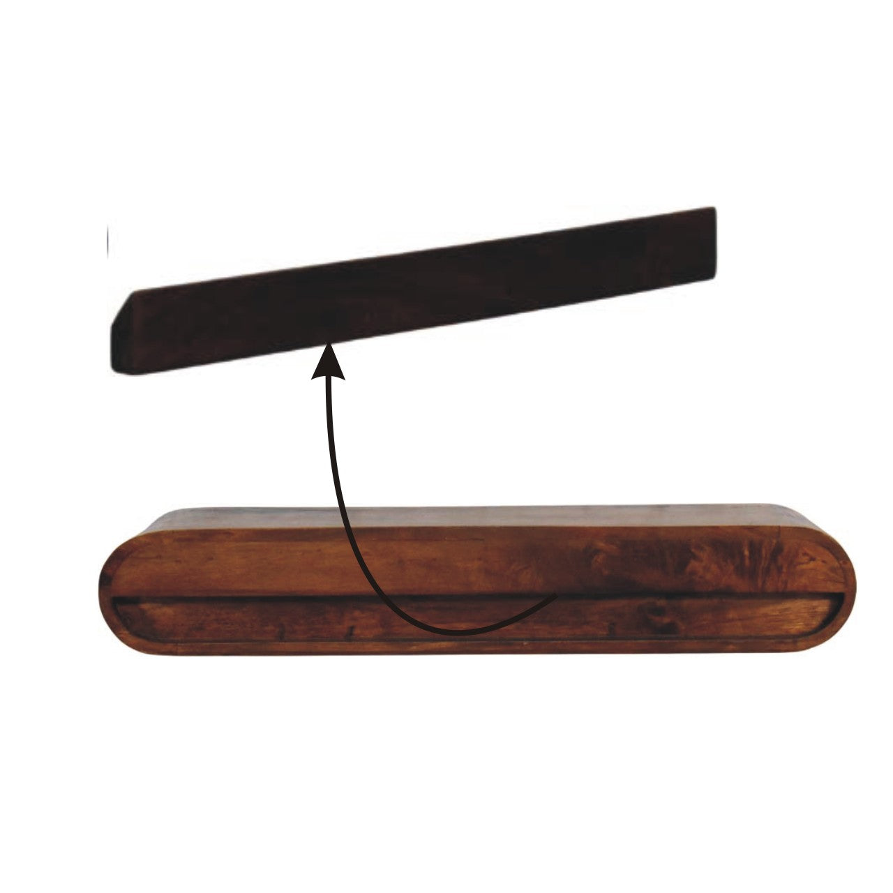 Floating arc media console in solid mango wood, Chestnut finish – back view showing wall mounting