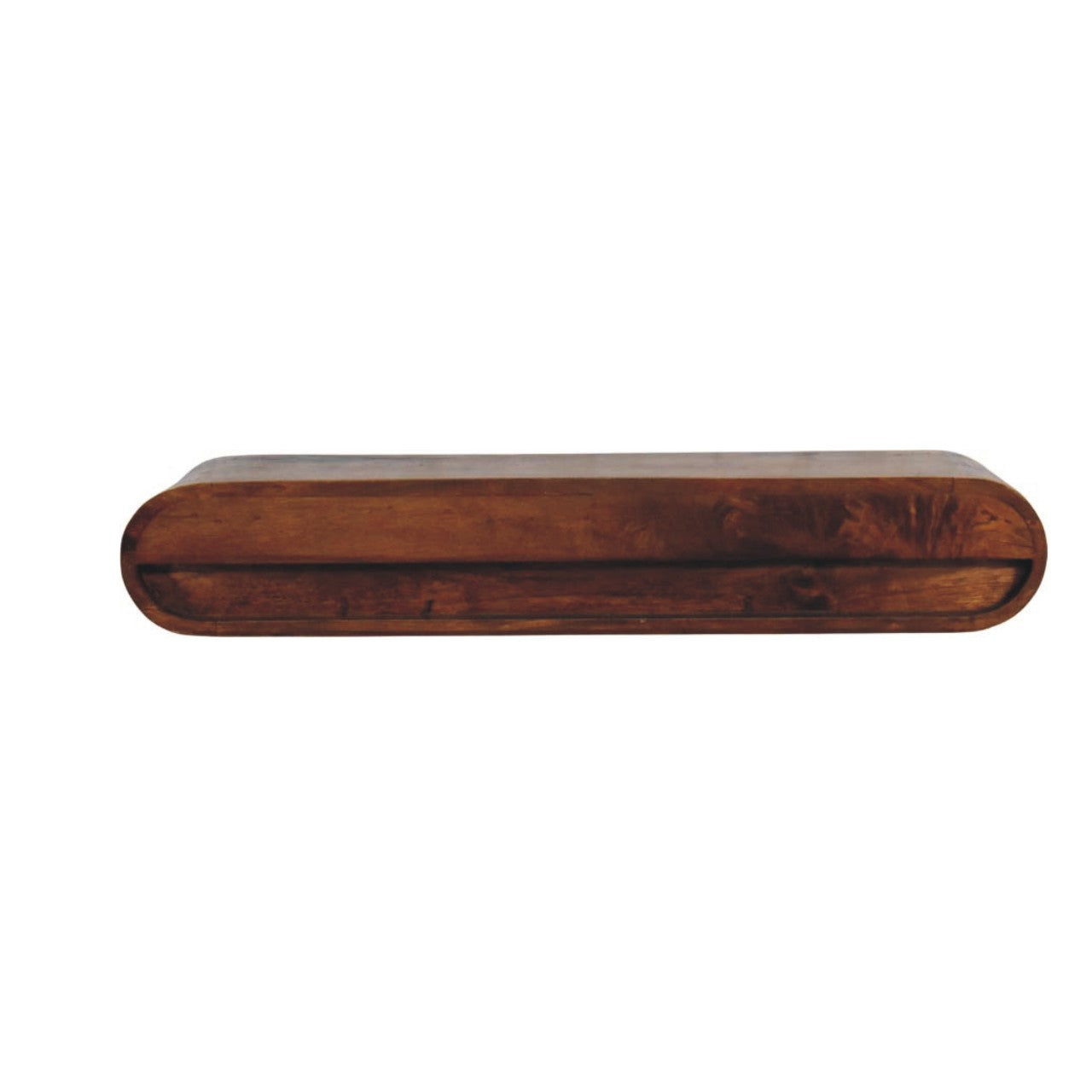Floating arc media console in solid mango wood, Chestnut finish – back view