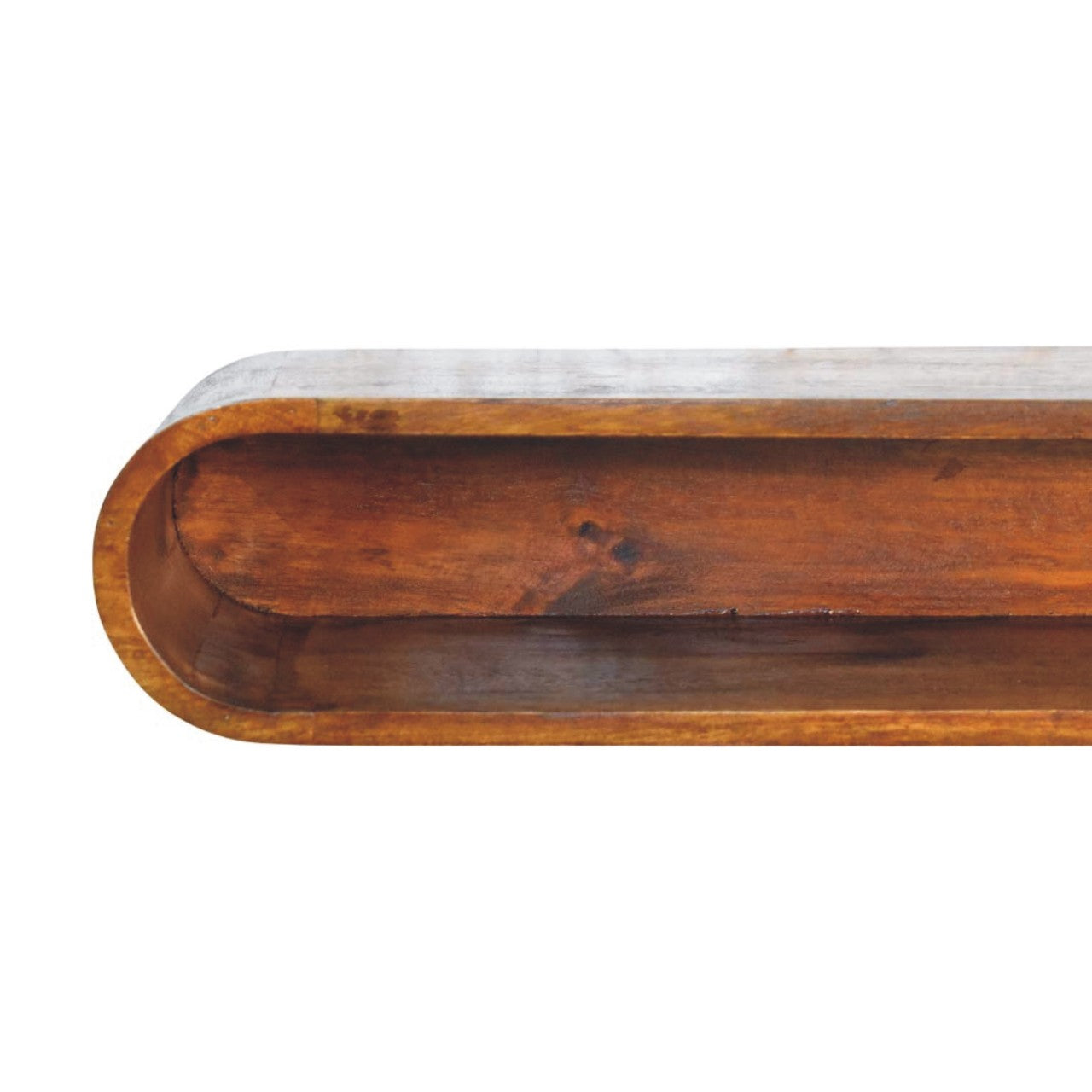 Floating arc media console in solid mango wood, Chestnut finish – front left view