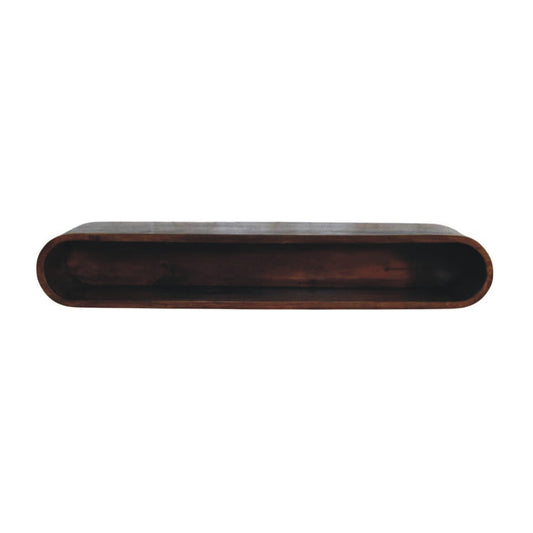 Floating arc media console in solid mango wood, Chestnut finish – front view