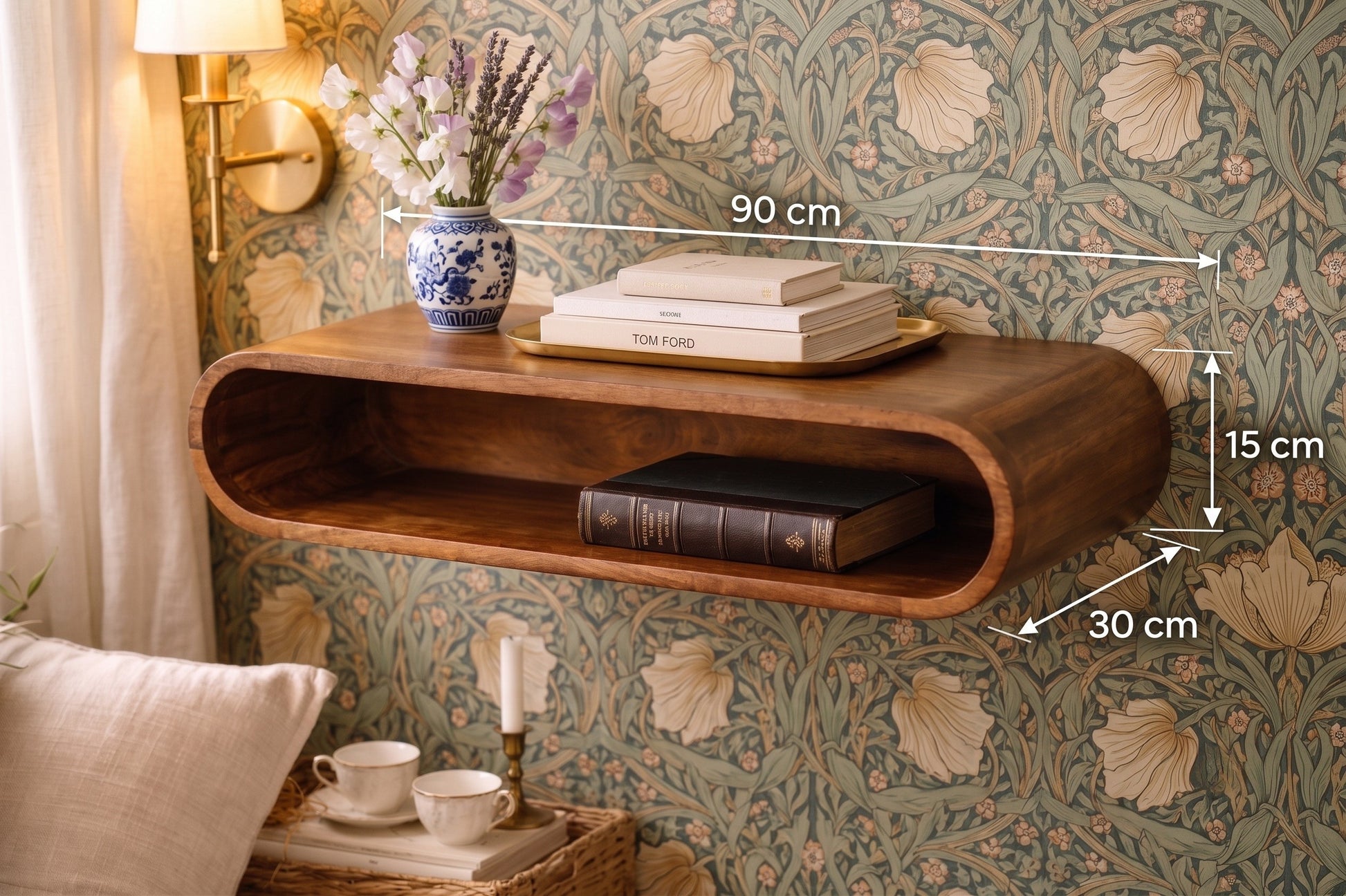 Floating arc media console in solid mango wood, Chestnut finish – lifestyle view with measurements