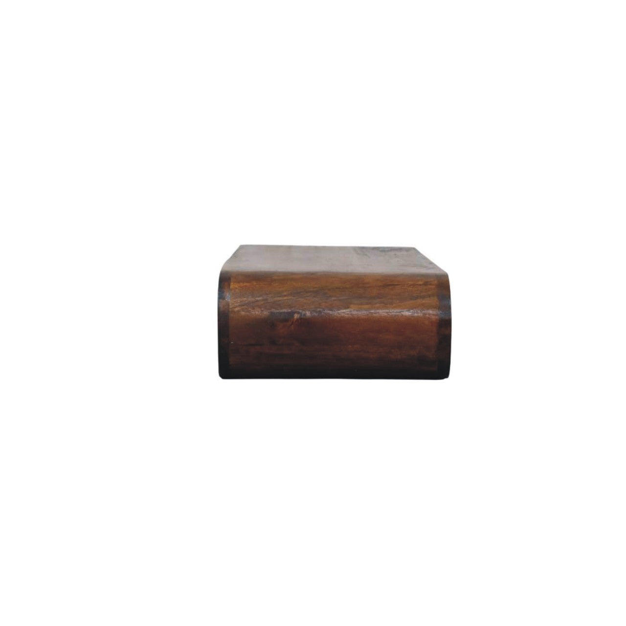 Floating arc media console in solid mango wood, Chestnut finish – side view