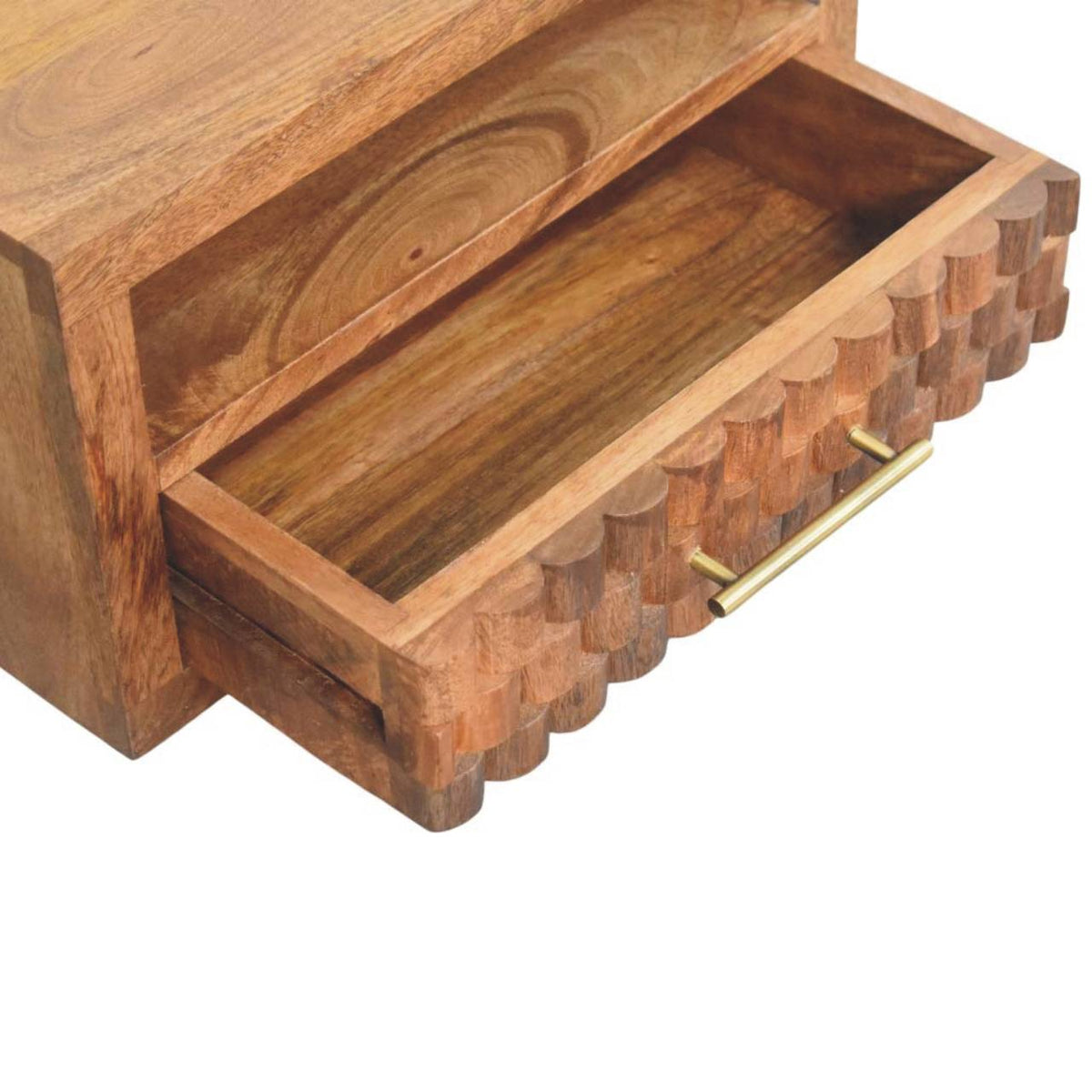 High-angle view showing the drawer pulled open on a golden teak floating bedside table, revealing the wooden interior compartment.