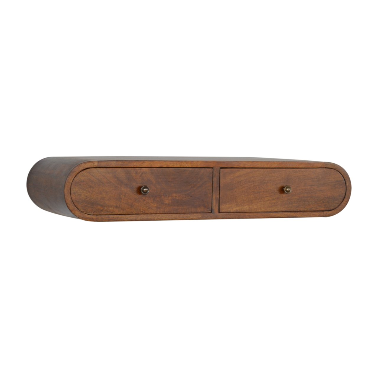 Left angle view of Floating Chestnut Console showing depth and curved design