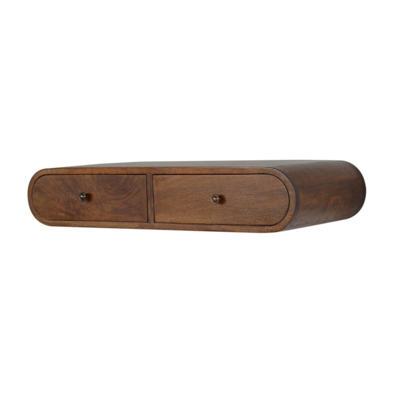 Right angle view of Floating Chestnut Console in chestnut mango wood