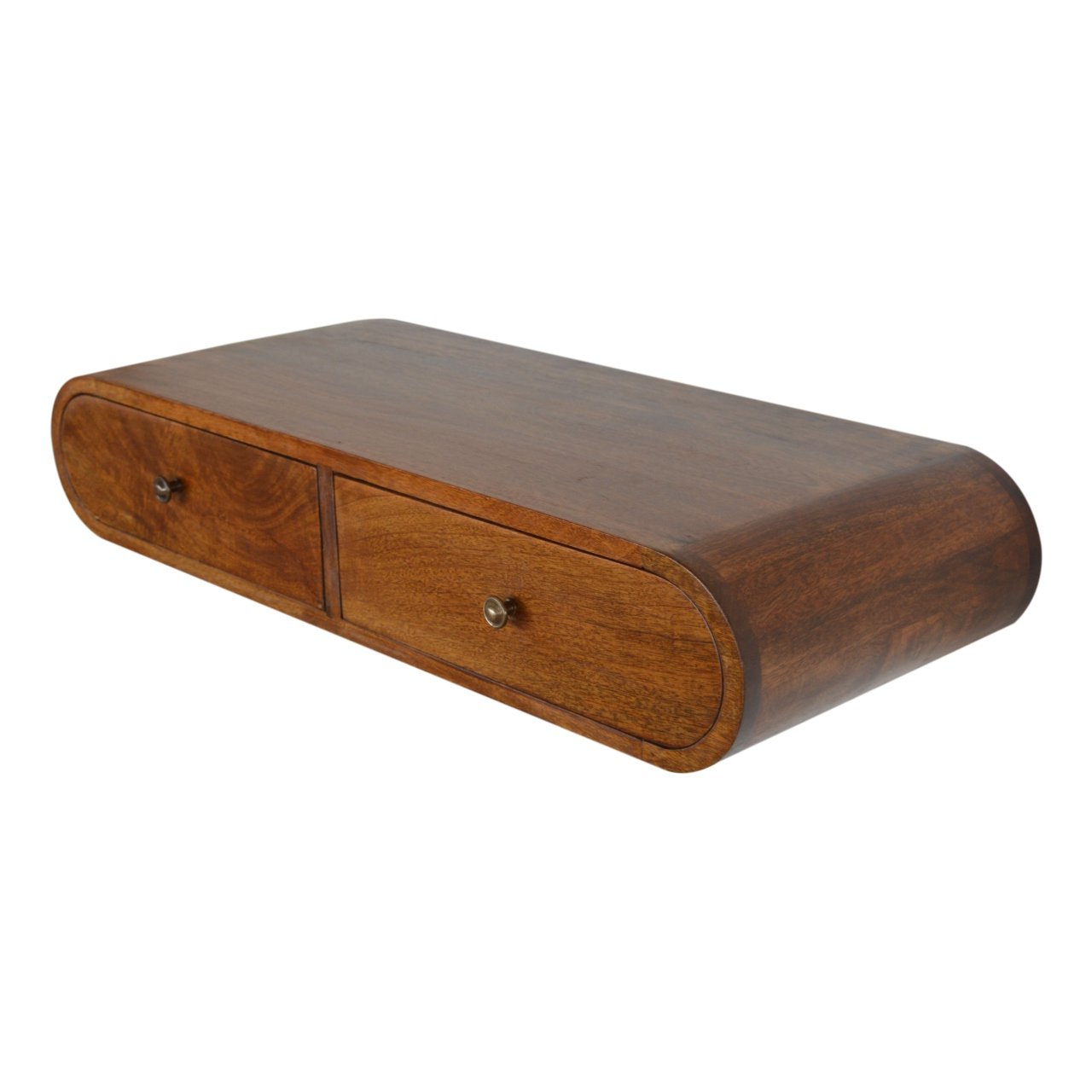 Upper right angle view of Floating Chestnut Console showing top surface and drawers