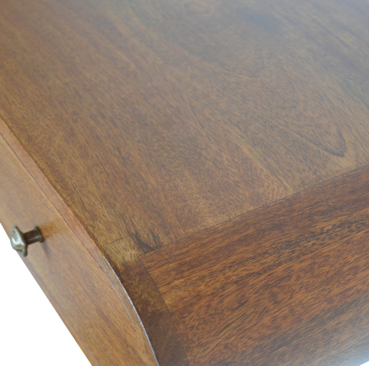 Close-up detail of Floating Chestnut Console showing mango wood grain and chestnut finish