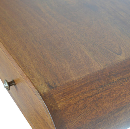 Close-up detail of Floating Chestnut Console showing mango wood grain and chestnut finish