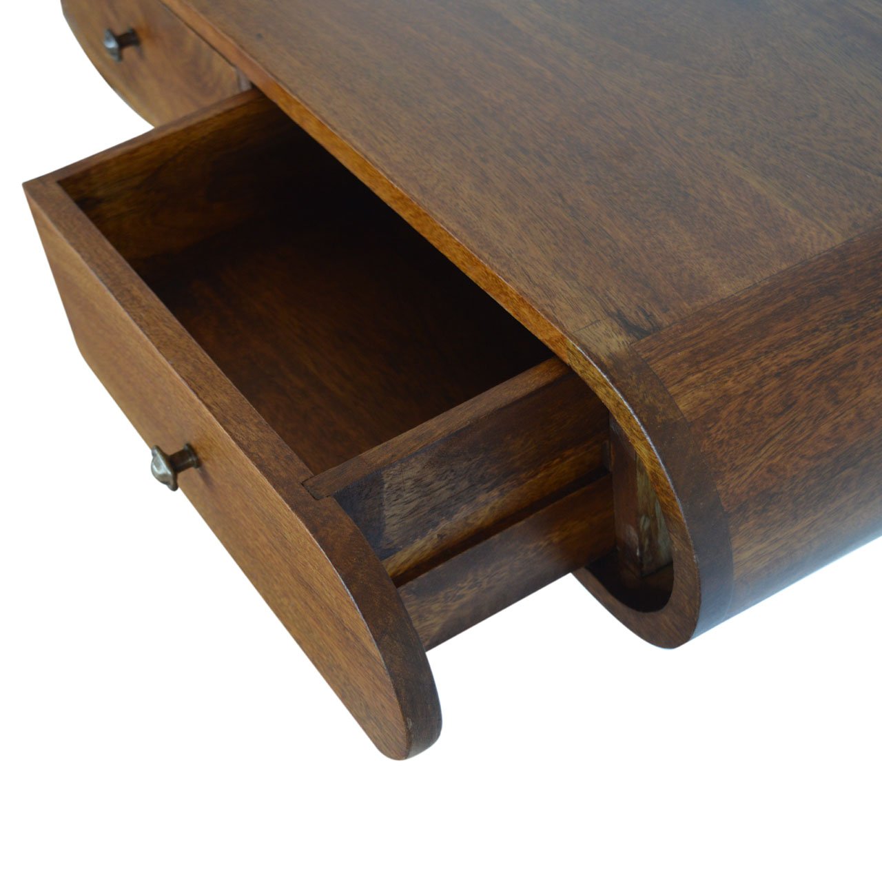 Floating Chestnut Console with drawer open showing interior storage space