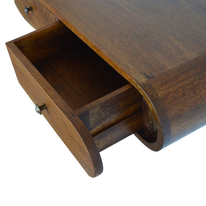 Floating Chestnut Console with drawer open showing interior storage space