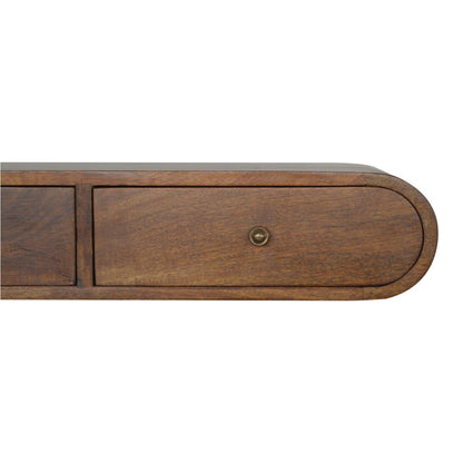 Close front view of Floating Chestnut Console showing drawer and curved detail