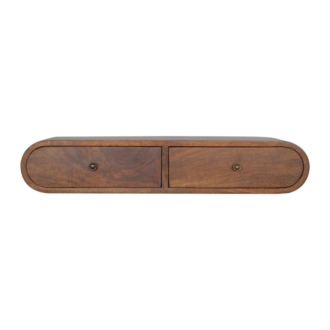 Front view of Floating Chestnut Console in solid mango wood with chestnut finish
