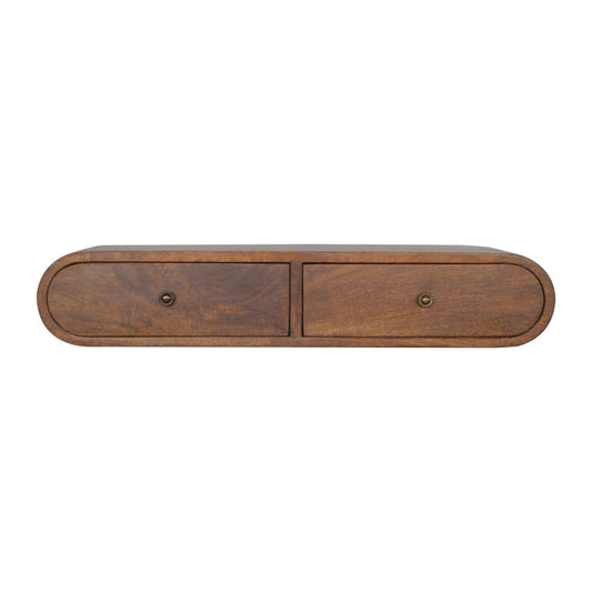 Front view of Floating Chestnut Console in solid mango wood with chestnut finish