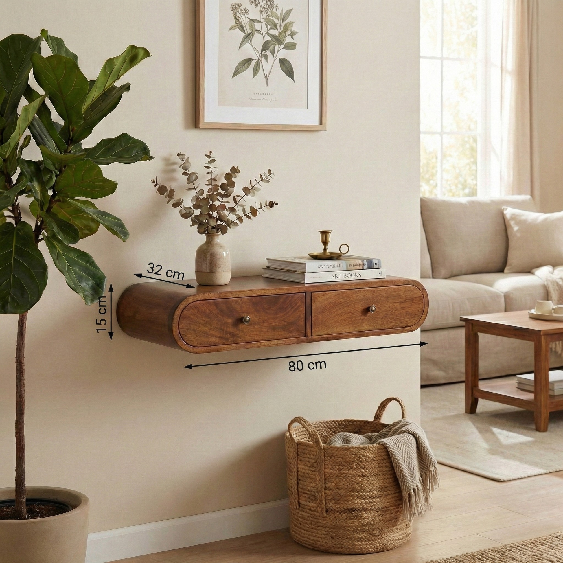 Floating Chestnut Console with dimensions: 15 cm height, 80 cm width, 32 cm depth