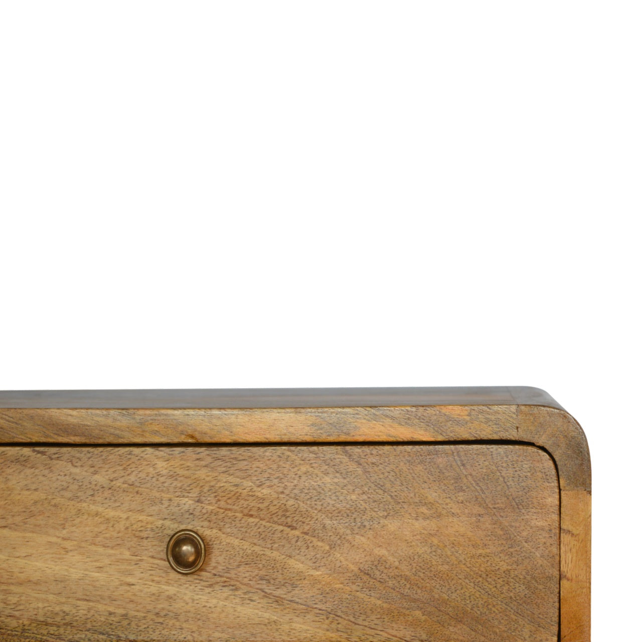 Close front right angle of Floating Curve Open Slot Bedside showing shiny knob and oak-ish finish detail