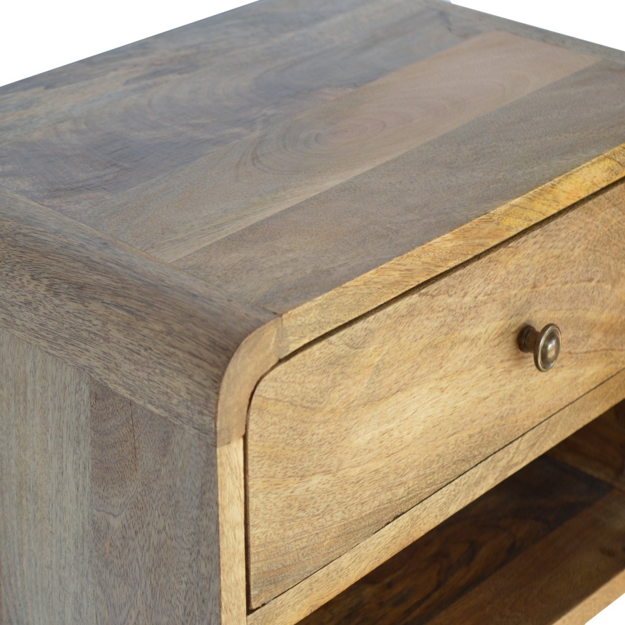 Close top left angle of Floating Curve Open Slot Bedside showing natural mango wood grain and oak-ish finish