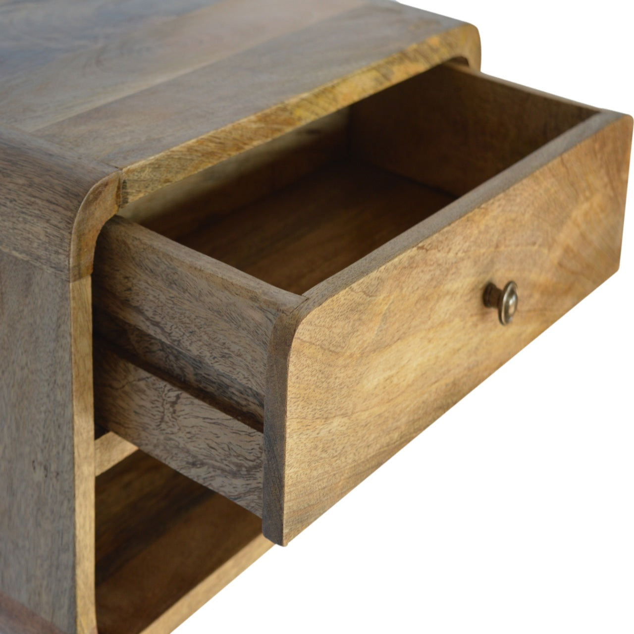 Top left angle of Floating Curve Open Slot Bedside with drawer open showing interior storage and open shelf